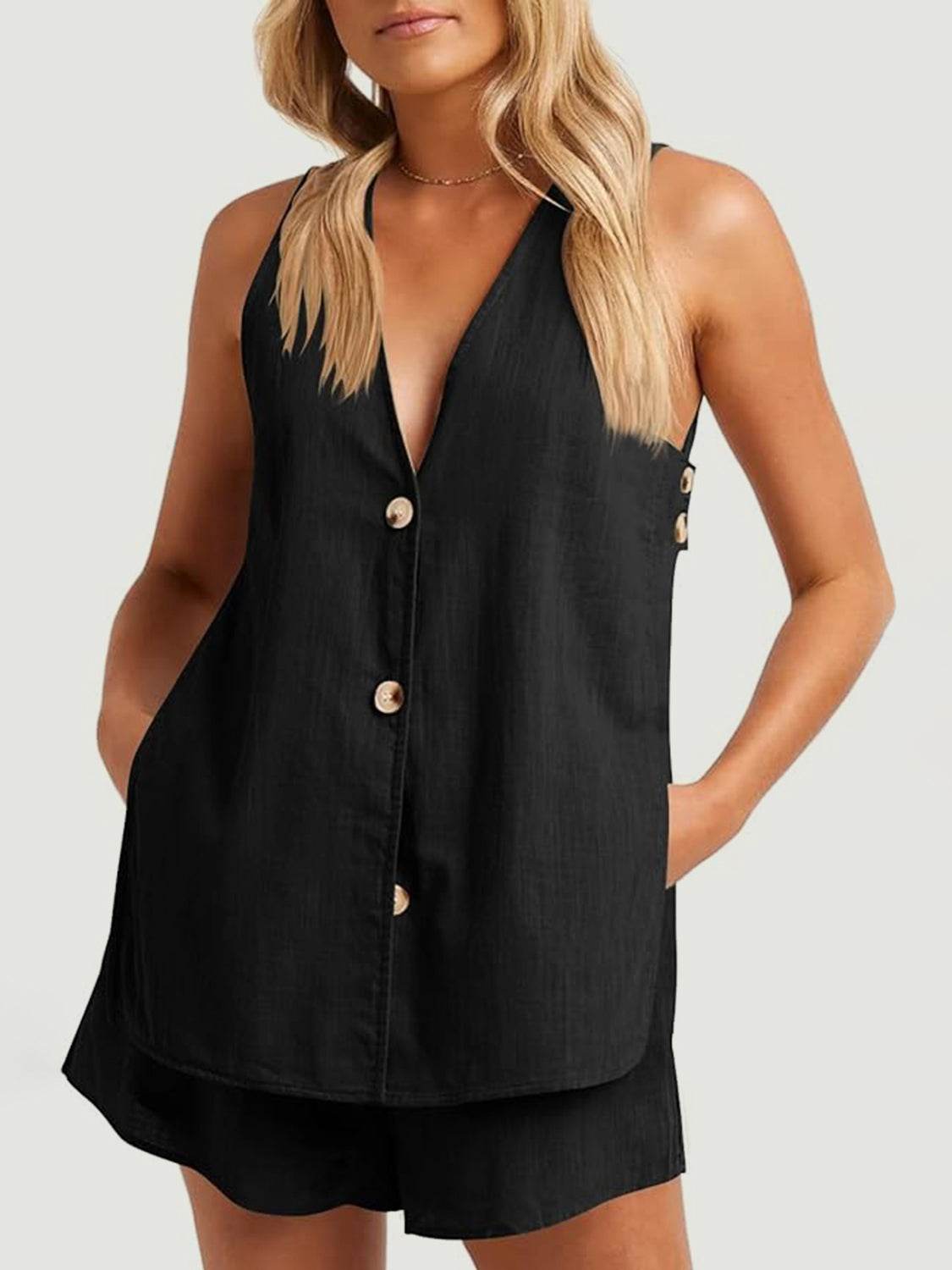 Full Size Button Up Top and Shorts Set - DaTrendStore.Com