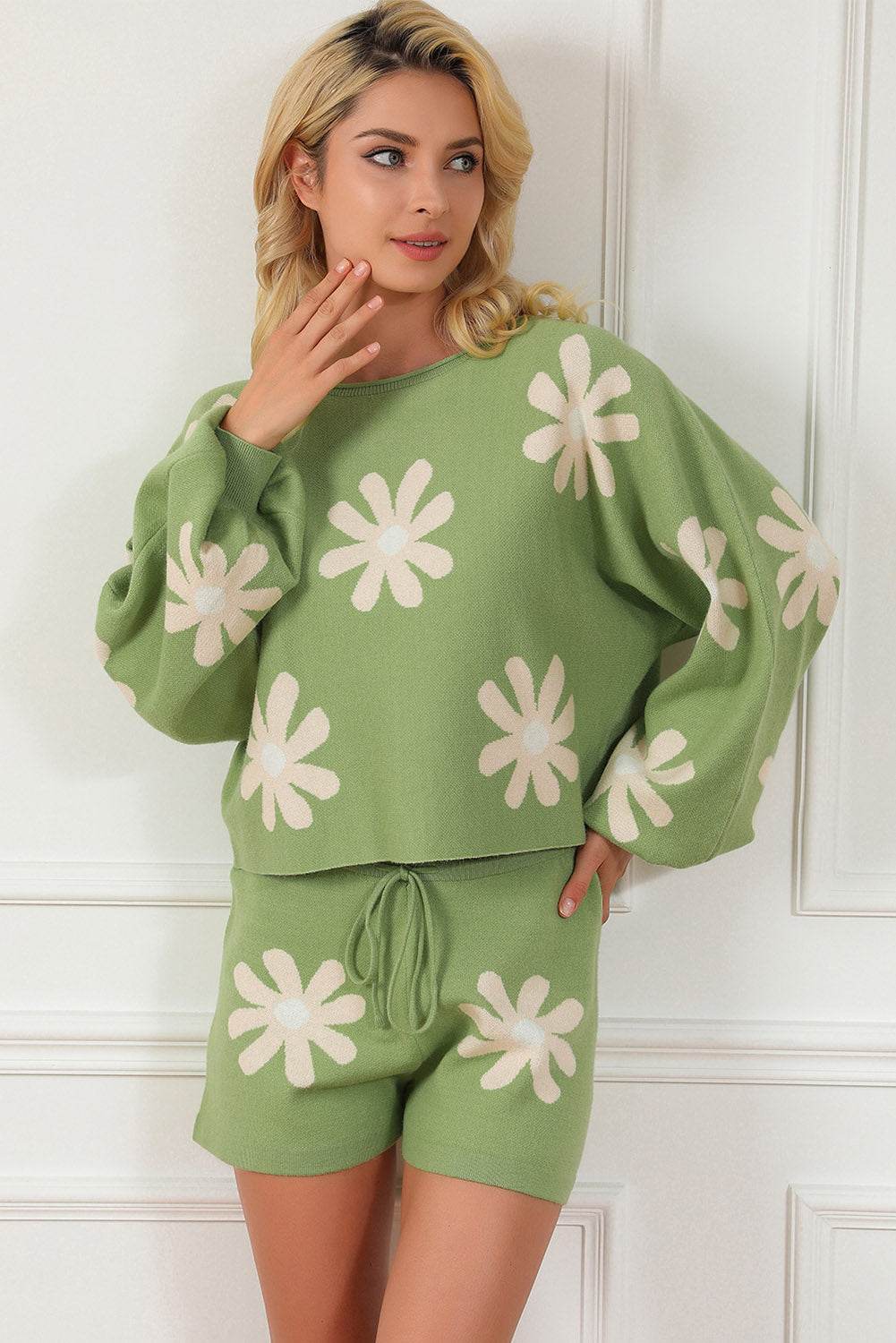 Flower Pattern Long Sleeve Sweater and Drawstring Shorts Set - DaTrendStore.Com