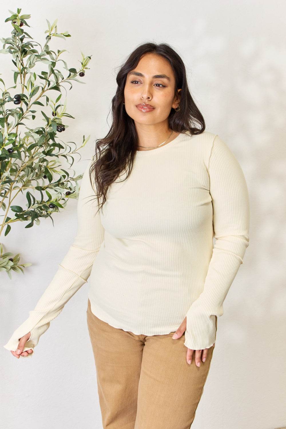 Culture Code Full Size Ribbed Round Neck Long Sleeve Top - DaTrendStore.Com