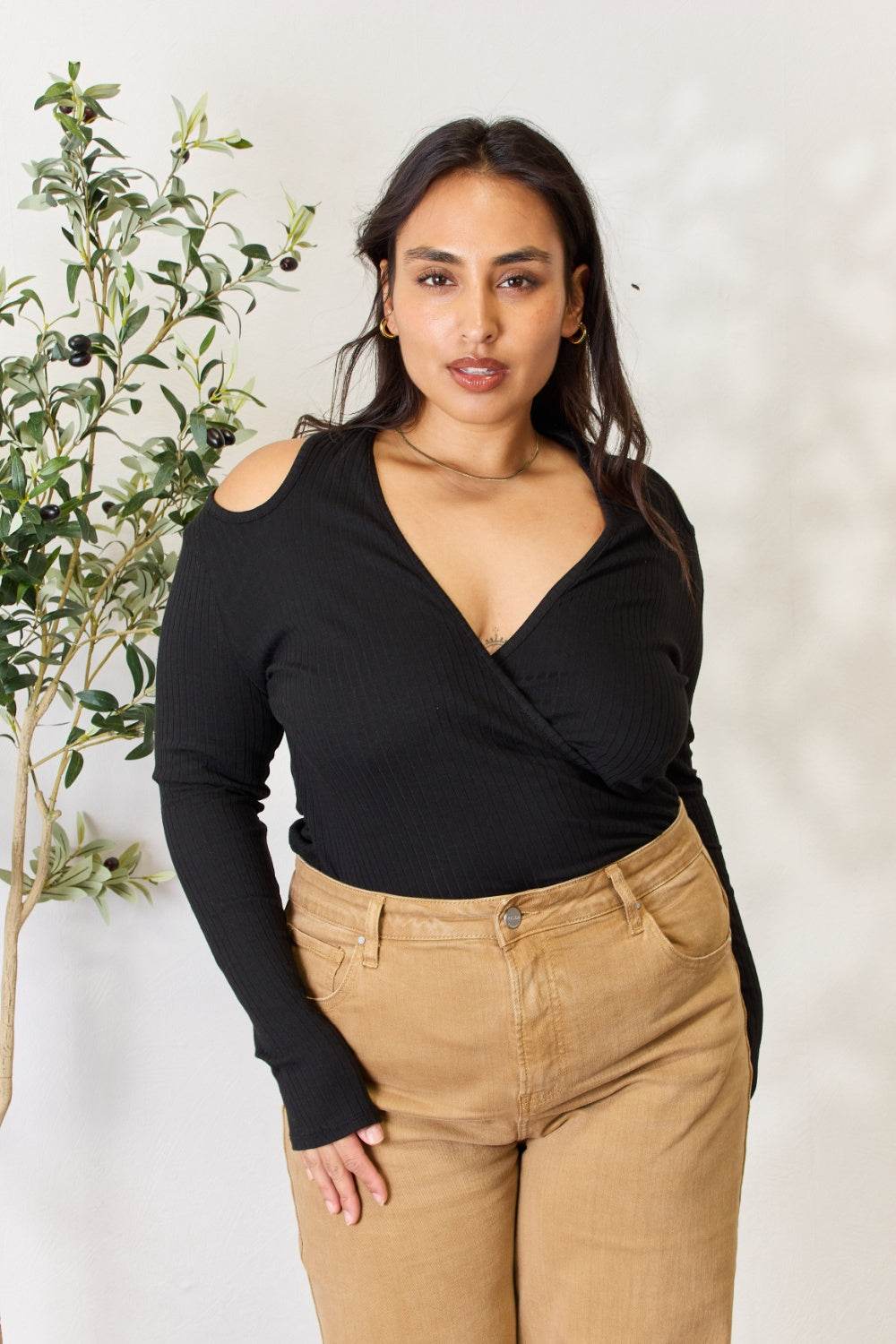Culture Code Full Size Ribbed Surplice Cold Shoulder Top - DaTrendStore.Com