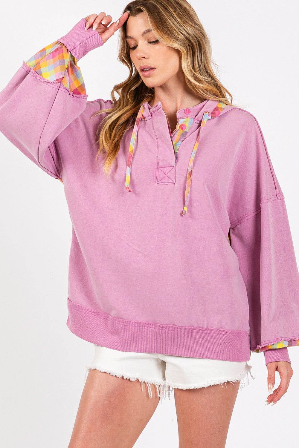 SAGE + FIG Full Size Plaid Print Washed Hoodie - DaTrendStore.Com
