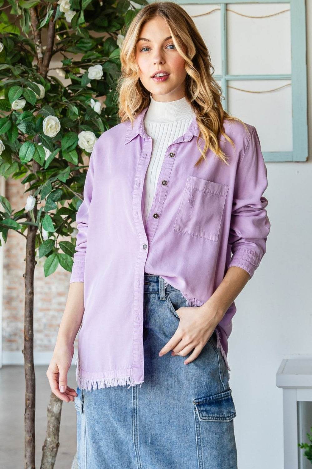 Veveret Raw Hem Button Up Long Sleeve Shirt - DaTrendStore.Com