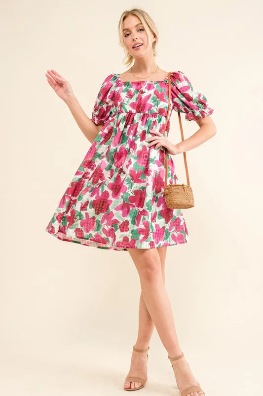 And The Why Fuchsia Smocked Floral Mini Dress