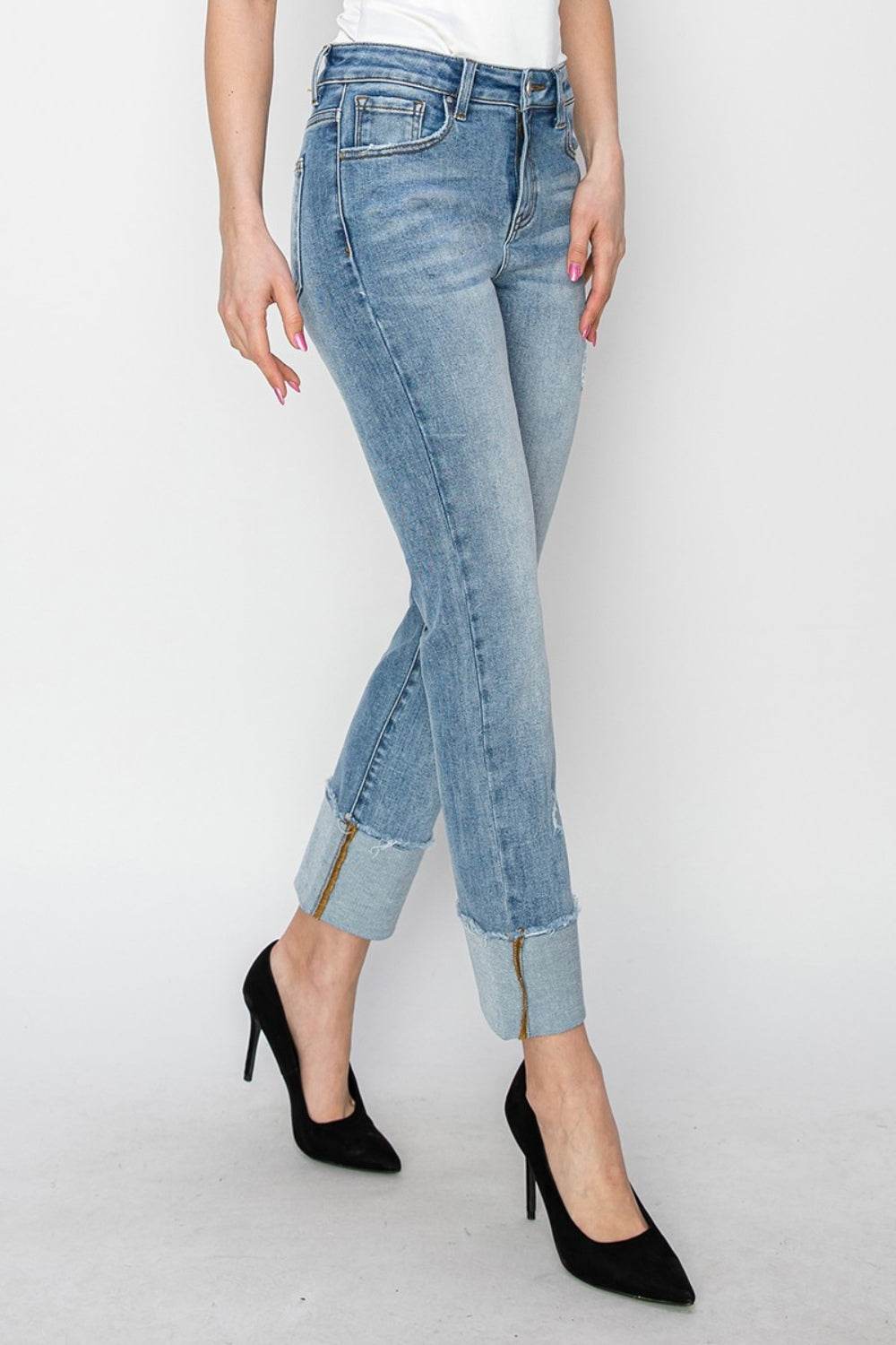 RISEN Full Size High Rise Cuffed Slim Straight Jeans - DaTrendStore.Com