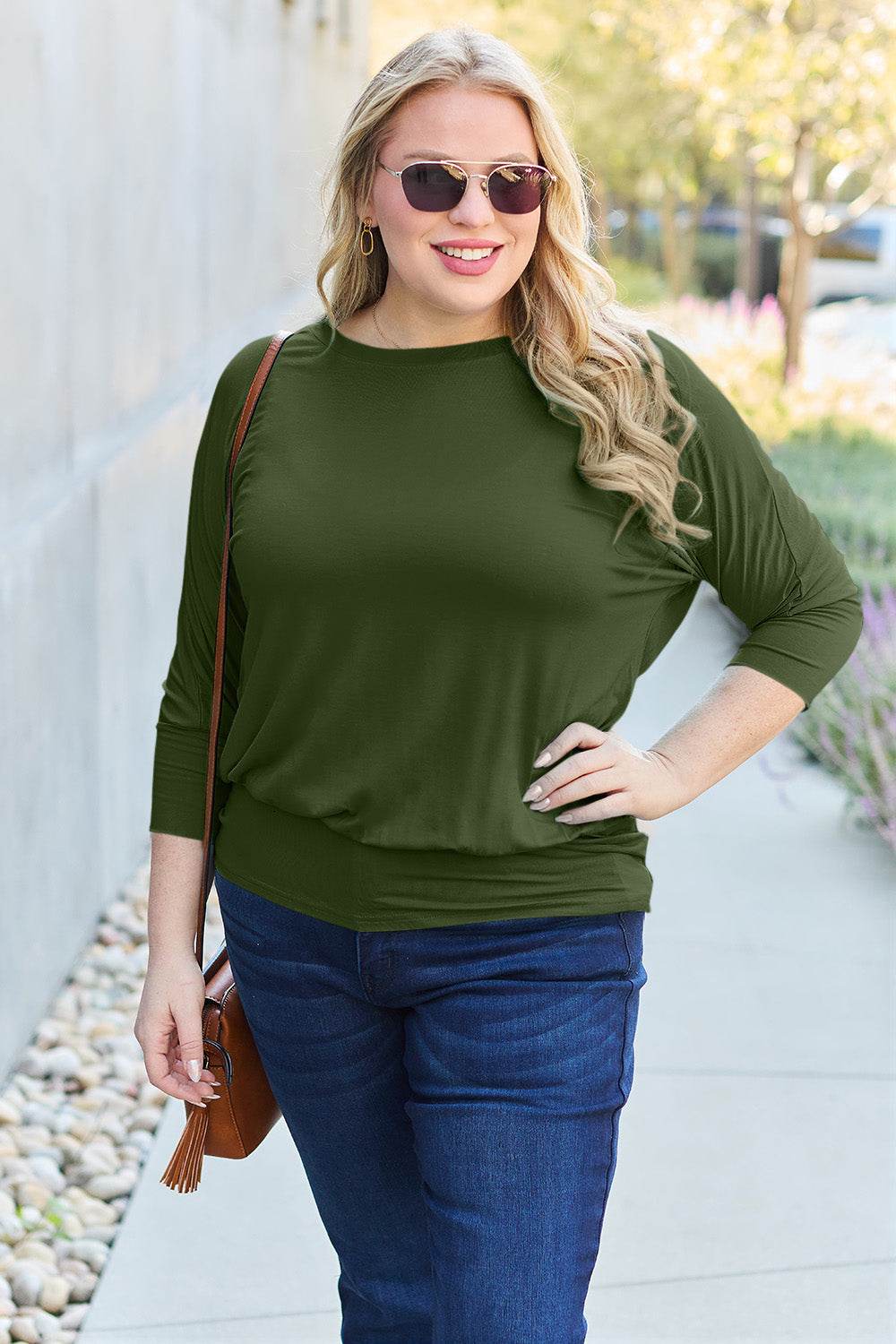 Basic Bae Full Size Round Neck Batwing Sleeve Top - DaTrendStore.Com