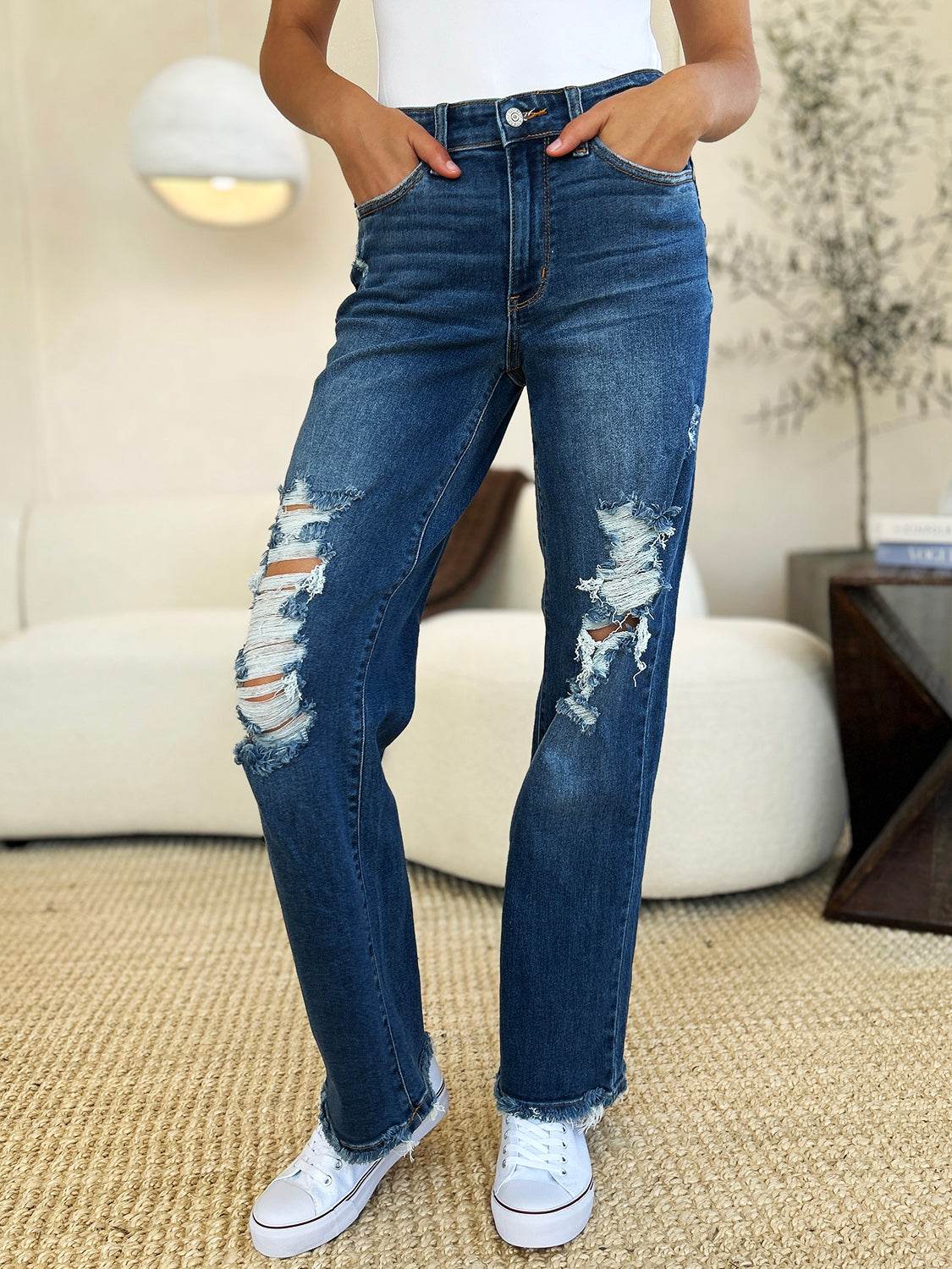 Judy Blue Full Size Mid Rise Distressed Raw Hem Jeans - DaTrendStore.Com