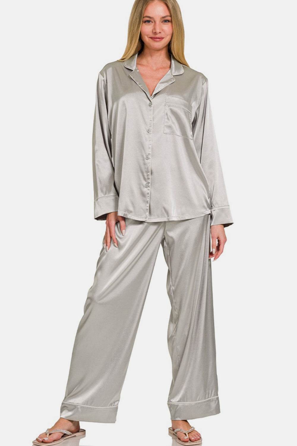 Zenana Satin Long Sleeve Shirt and Pants Pajama Set - DaTrendStore.Com