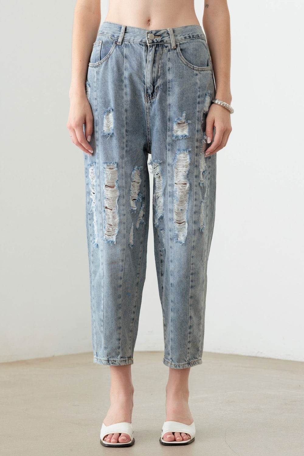 Litz La Washed Barrel Leg High Waist Distressed Jeans - DaTrendStore.Com