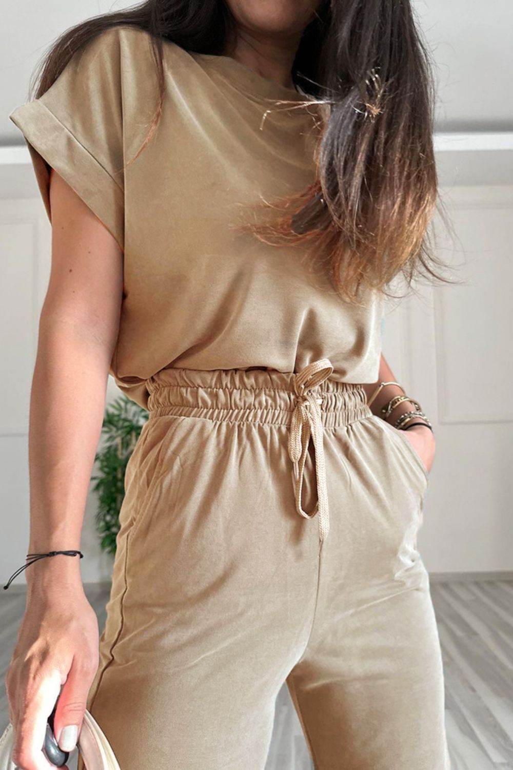 Round Neck Short Sleeve Top and Drawstring Pants Set - DaTrendStore.Com