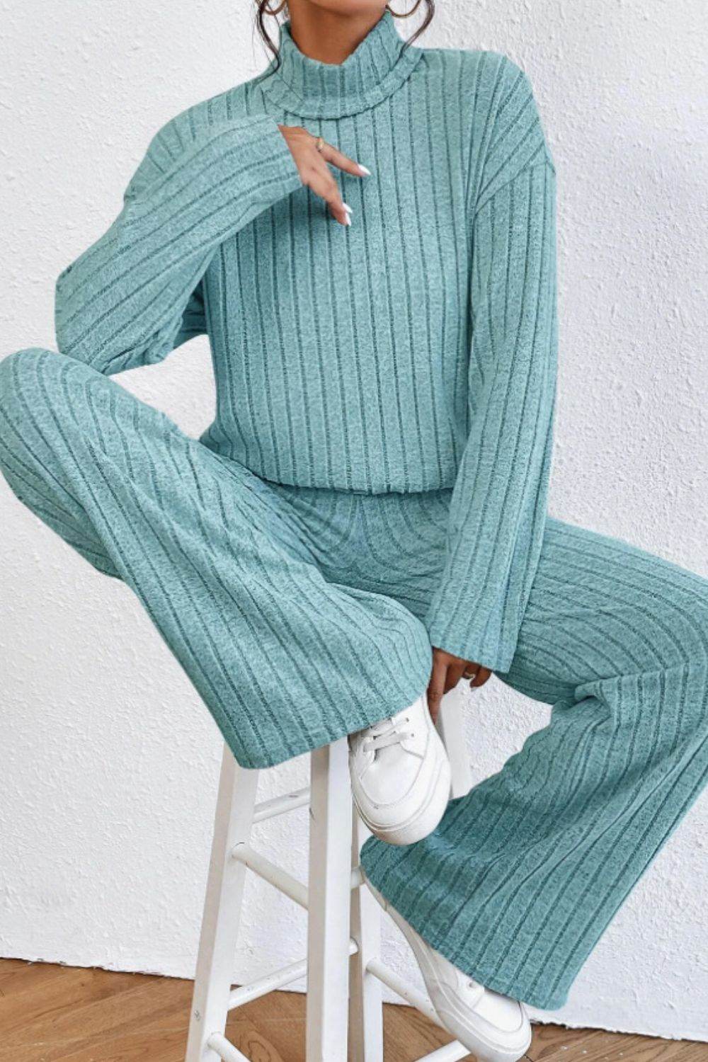 Mock Neck Dropped Shoulder Top and Pants Set - DaTrendStore.Com
