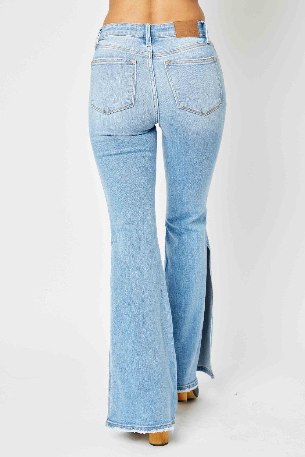 Judy Blue Full Size Mid Rise Raw Hem Slit Flare Jeans - DaTrendStore.Com