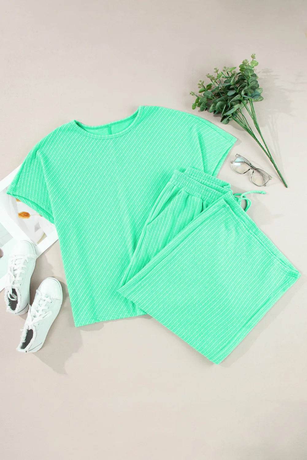 Plus Size Round Neck Half Sleeve Top and Tied Pants Set - DaTrendStore.Com