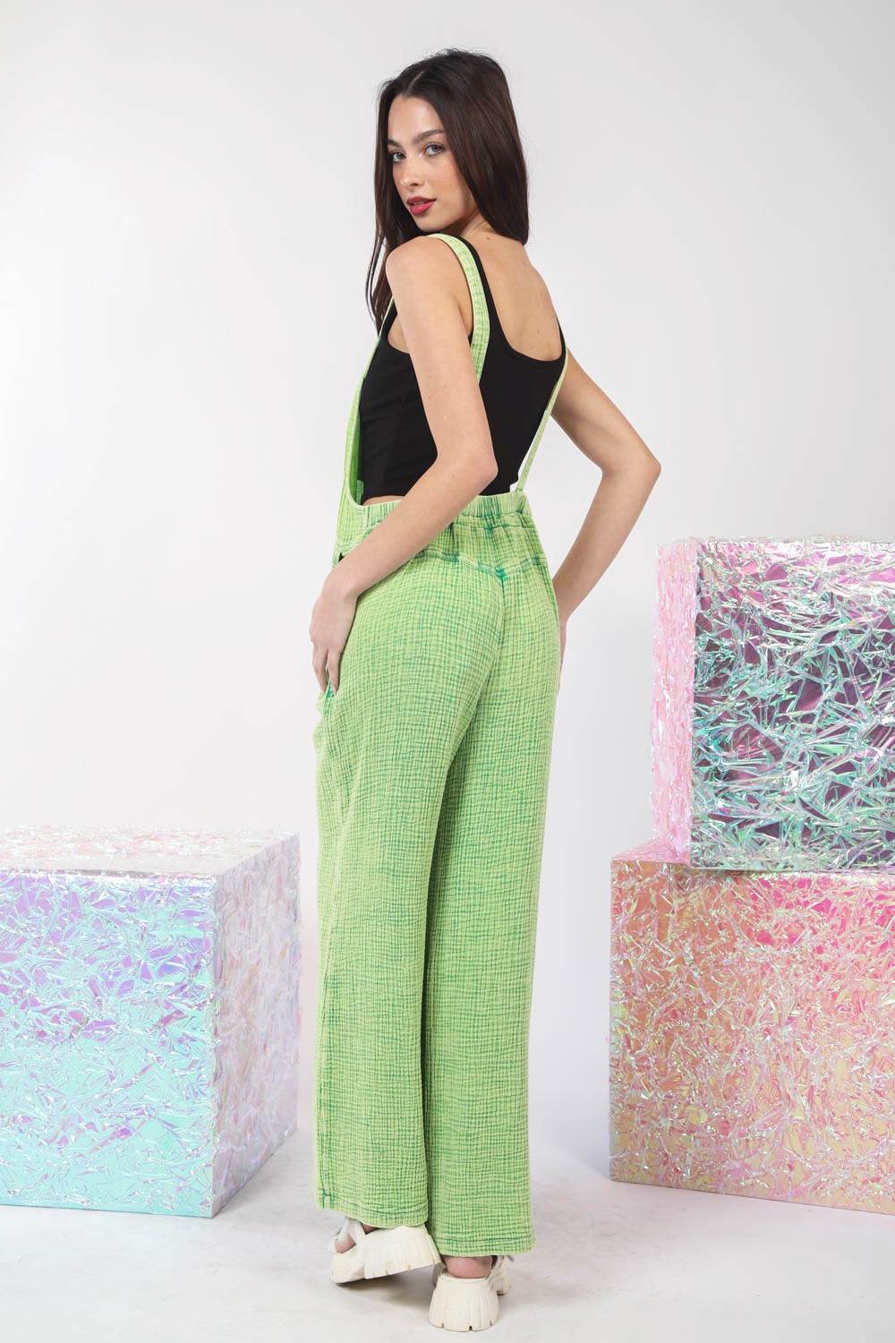 VERY J Texture Washed Wide Leg Overalls - DaTrendStore.Com