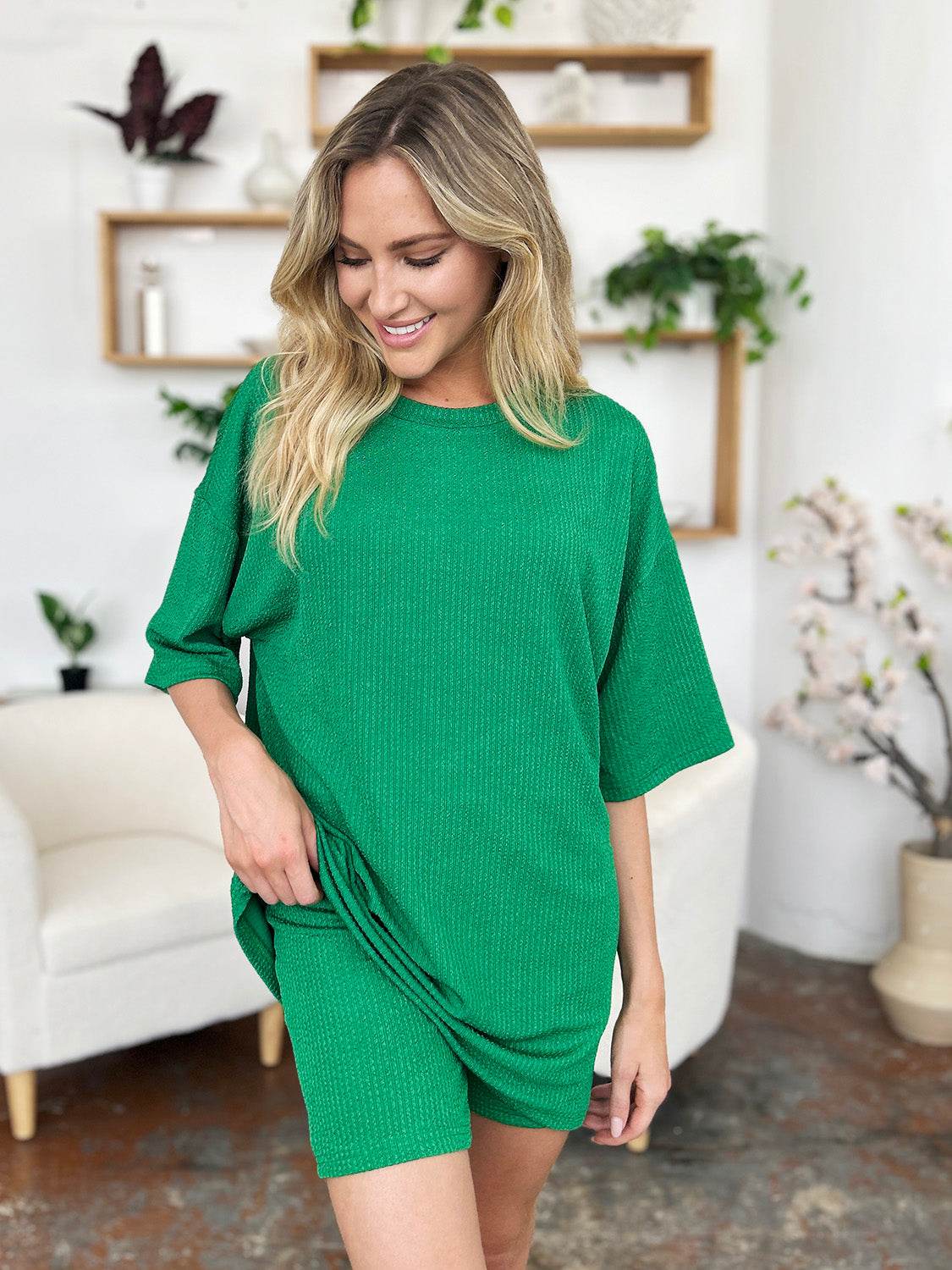 Double Take Full Size Texture Round Neck Drop Shoulder T-Shirt and Shorts Set - DaTrendStore.Com