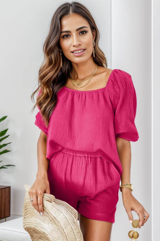 Square Neck Half Sleeve Top and Shorts Set - DaTrendStore.Com