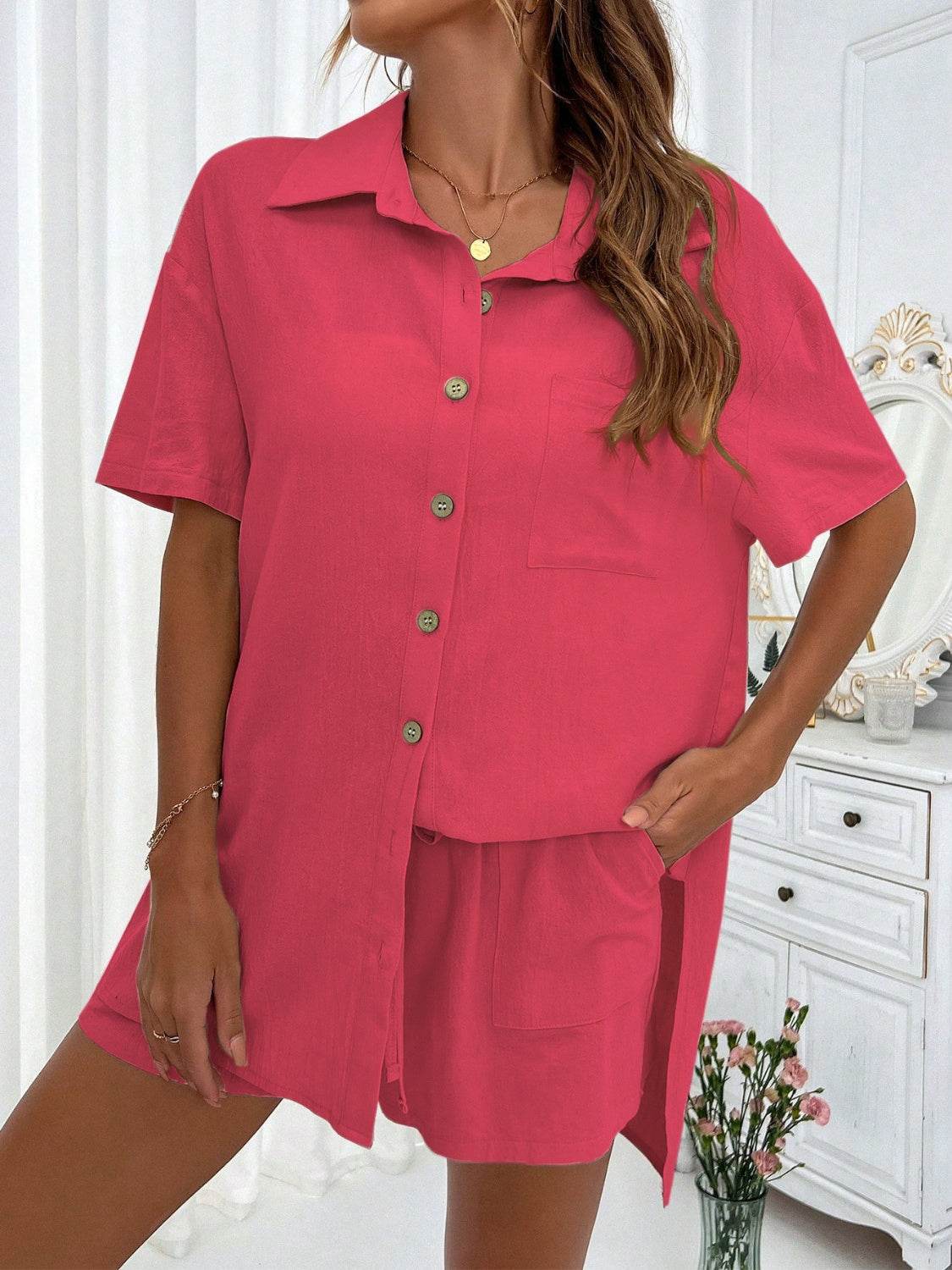 Honey Button Up Half Sleeve Top and Shorts Set - DaTrendStore.Com