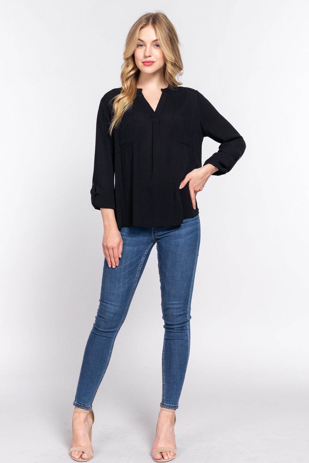 ACTIVE BASIC Full Size Notched Long Sleeve Woven Top - DaTrendStore.Com