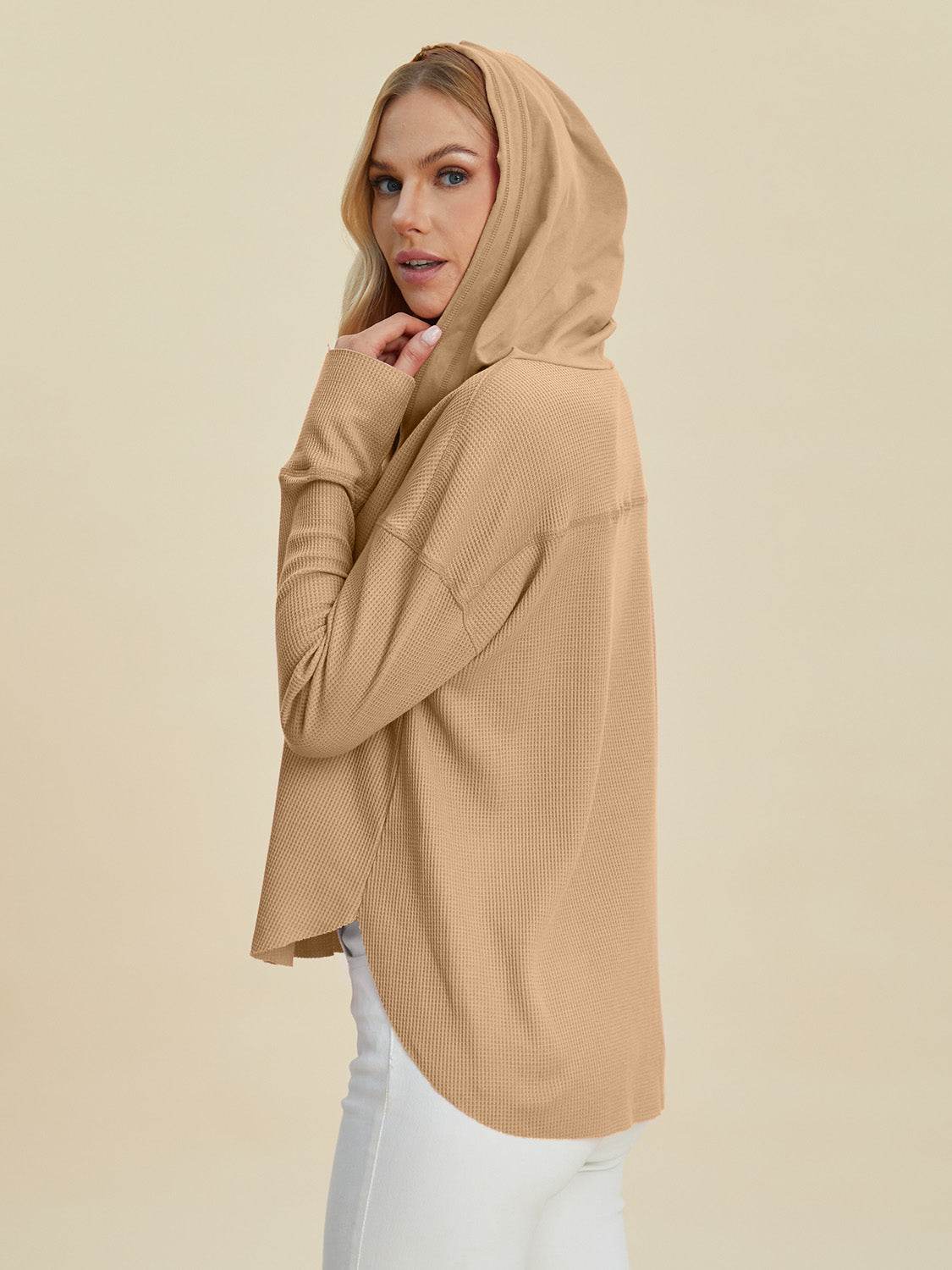 Double Take Full Size High-Low Dropped Shoulder Long Sleeve Hoodie - DaTrendStore.Com