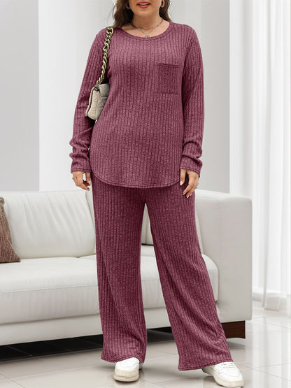 Round Neck Long Sleeve Top and Pants Set