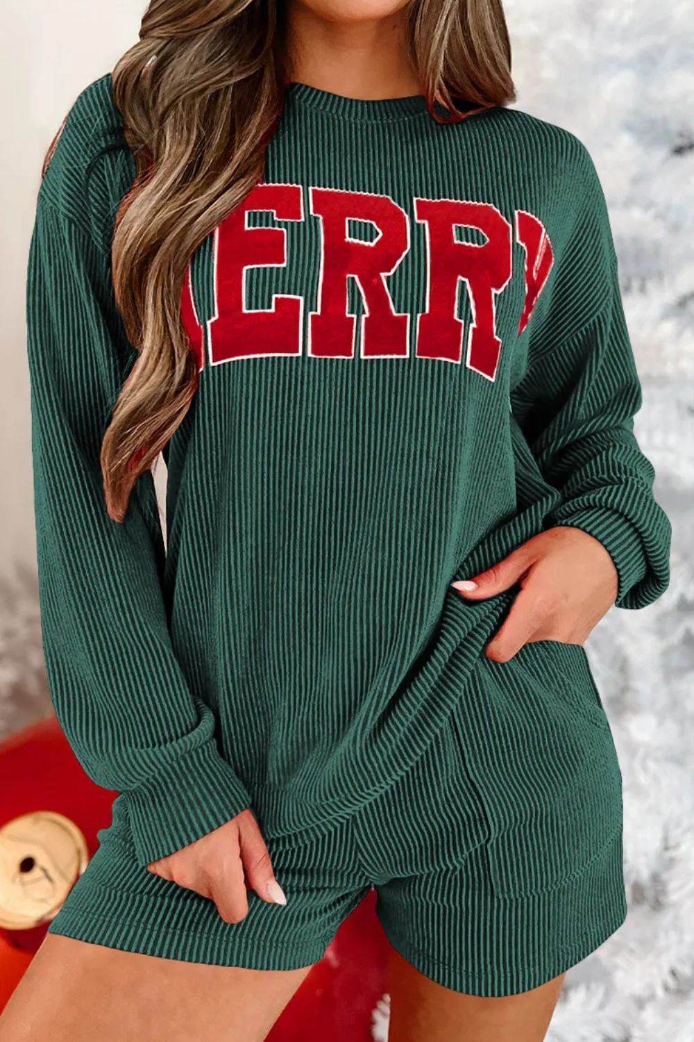 MERRY Round Neck Long Sleeve Top and Shorts Lounge Set - DaTrendStore.Com