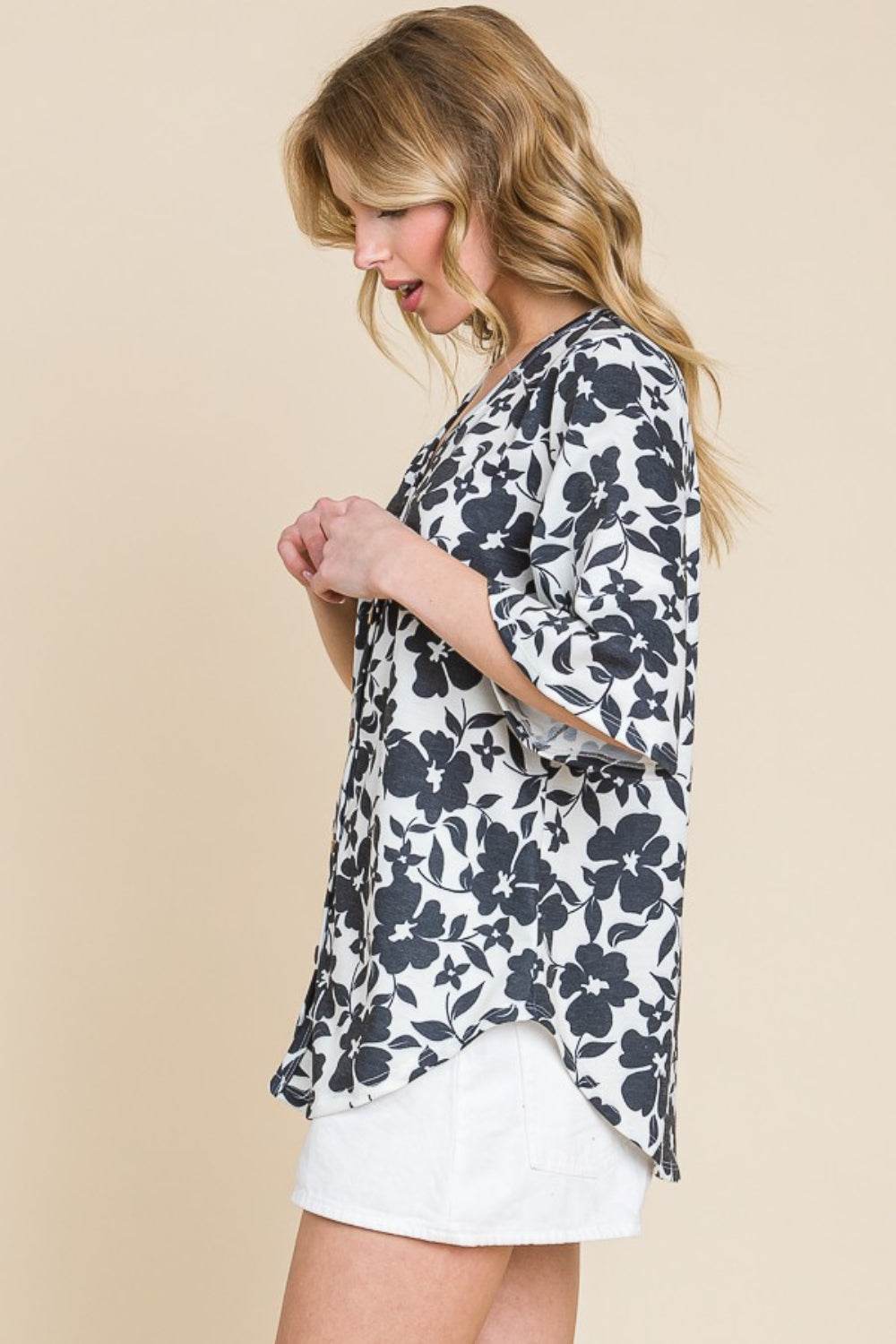 BOMBOM Floral Decorative Button V-Neck Top - DaTrendStore.Com