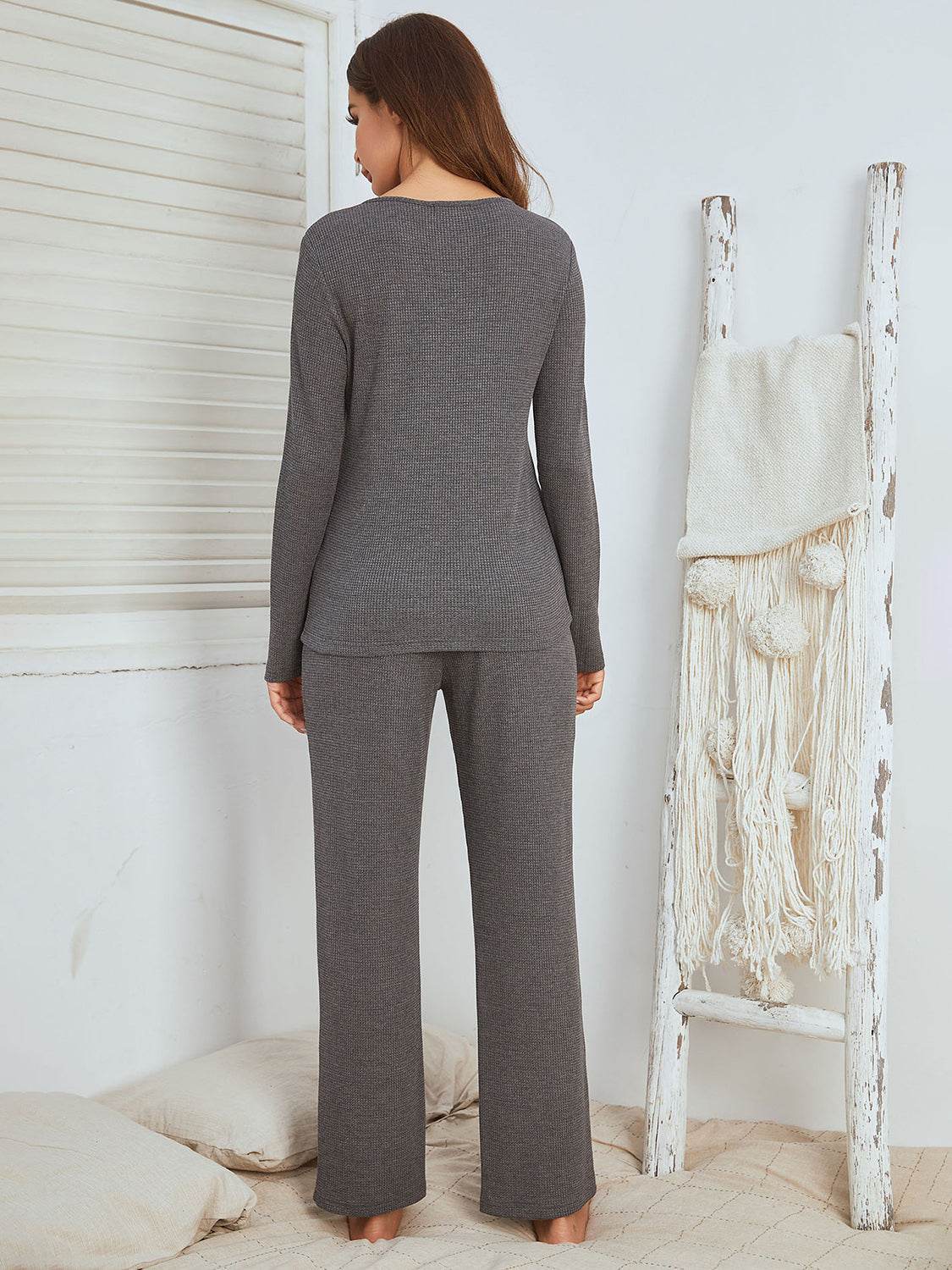 Notched Long Sleeve Top and Pants Set - DaTrendStore.Com