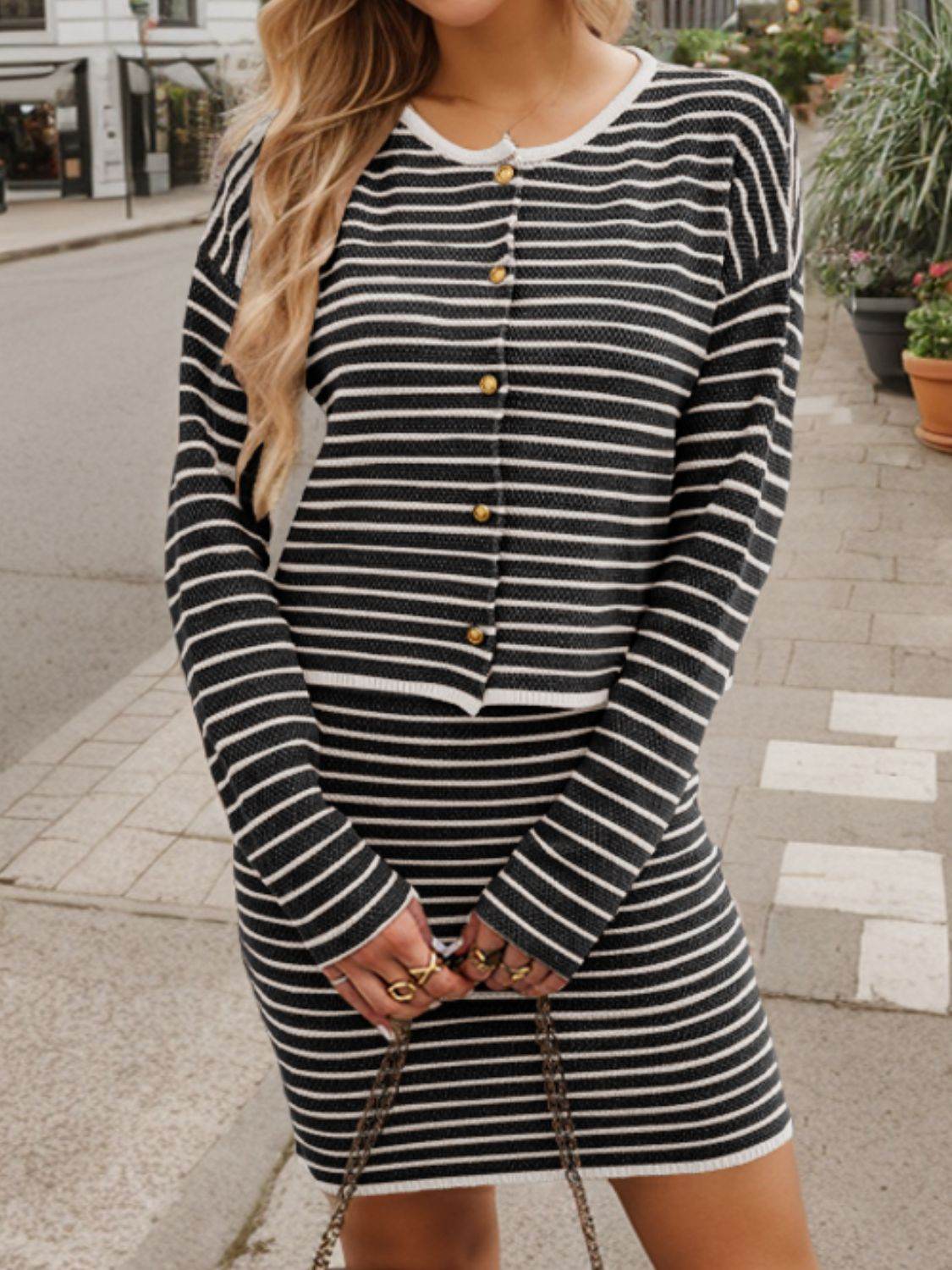 Striped Long Sleeve Top and Skirt Set - DaTrendStore.Com