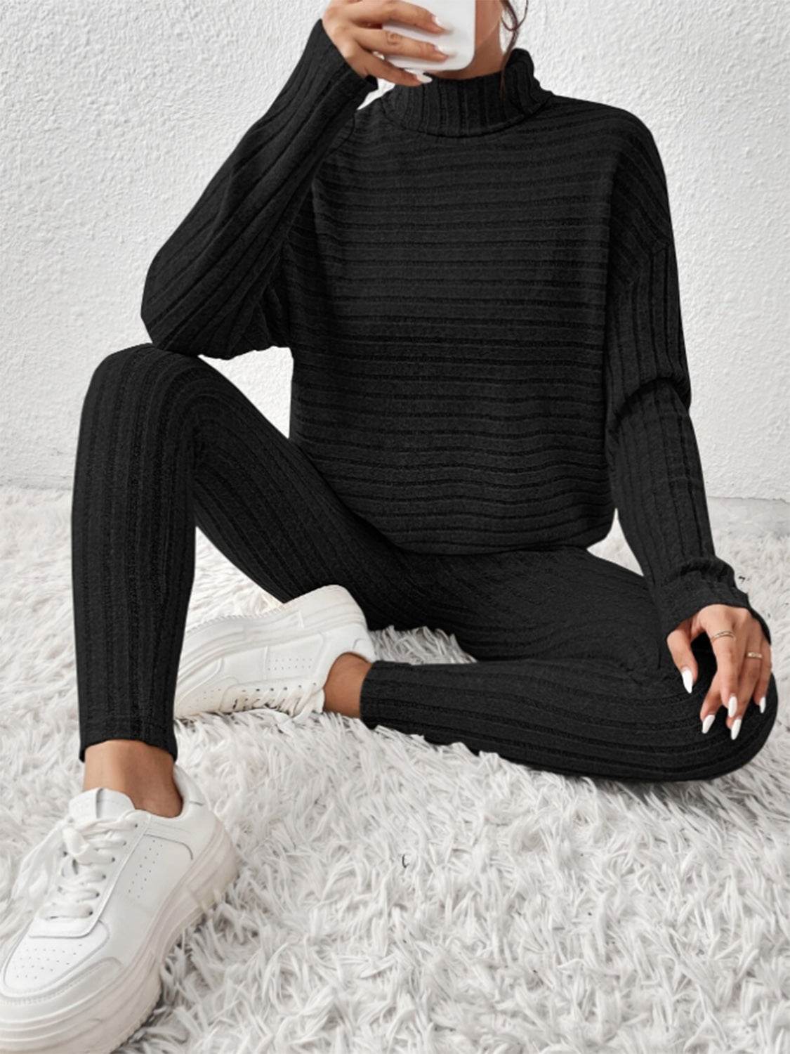 Ribbed Turtleneck Top and Pants Set - DaTrendStore.Com
