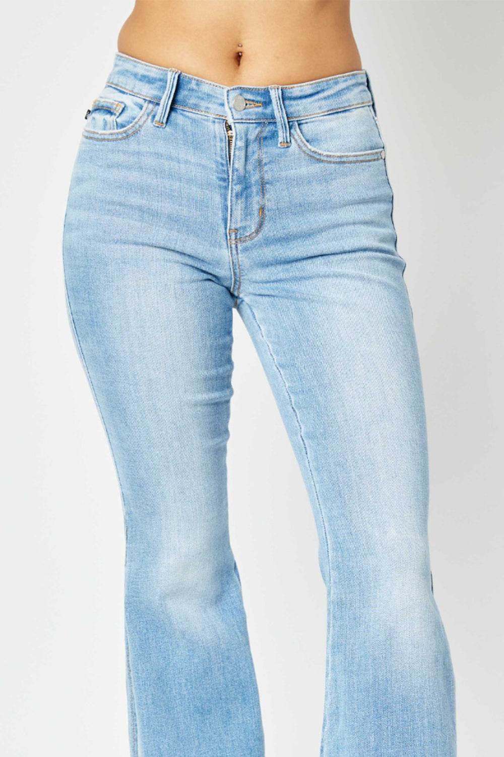 Judy Blue Full Size Mid Rise Raw Hem Slit Flare Jeans - DaTrendStore.Com