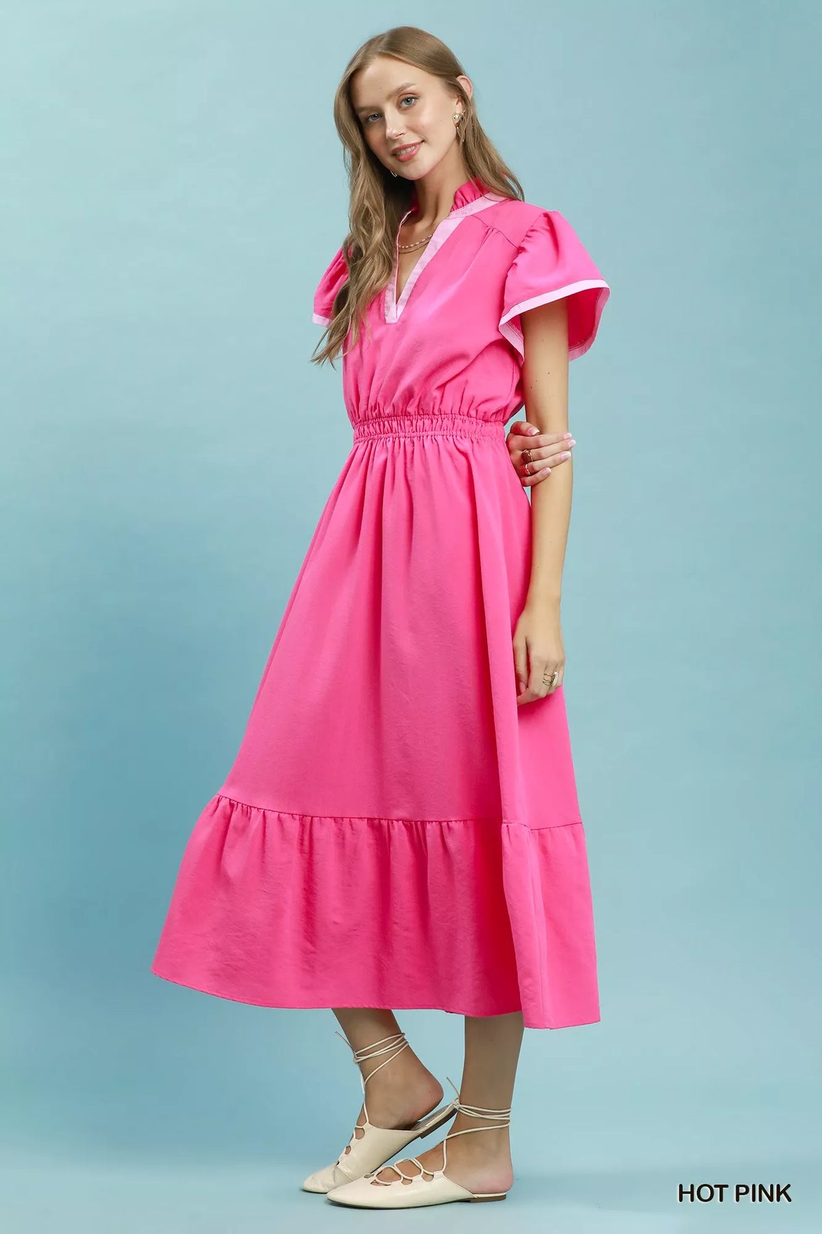 Umgee Contrast Trim Midi Dress with Tiered Ruffle Hem - Hot Pink