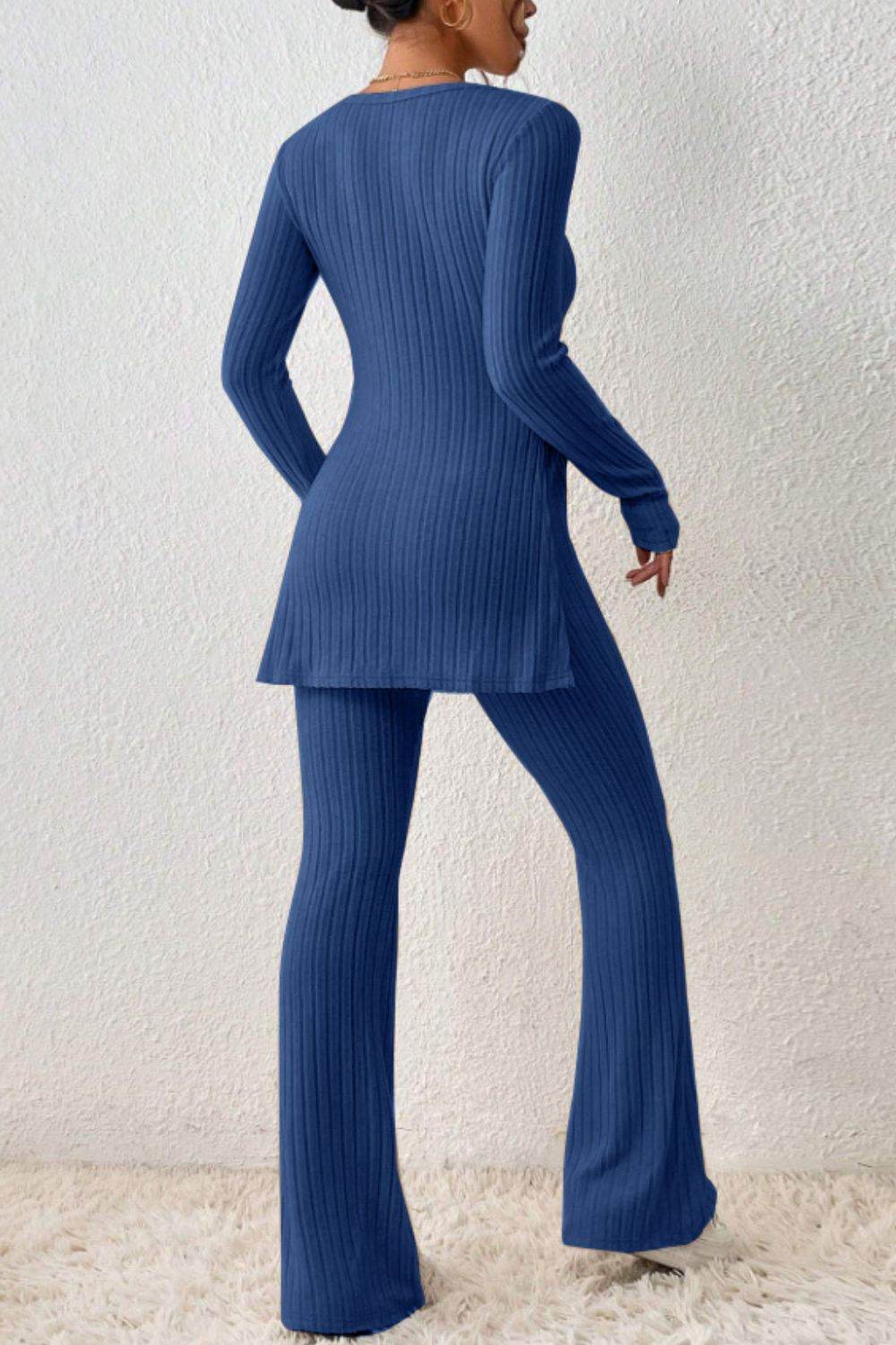 Ribbed Long Sleeve Slit Top and Bootcut Pants Set - DaTrendStore.Com