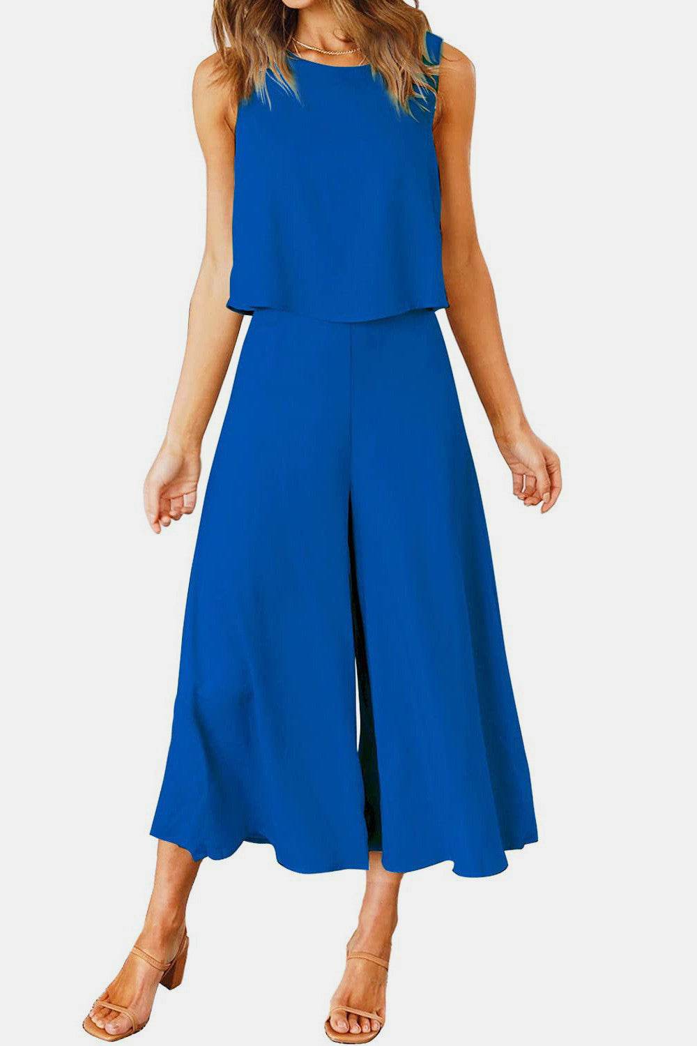 Round Neck Top and Wide Leg Pants Set - DaTrendStore.Com