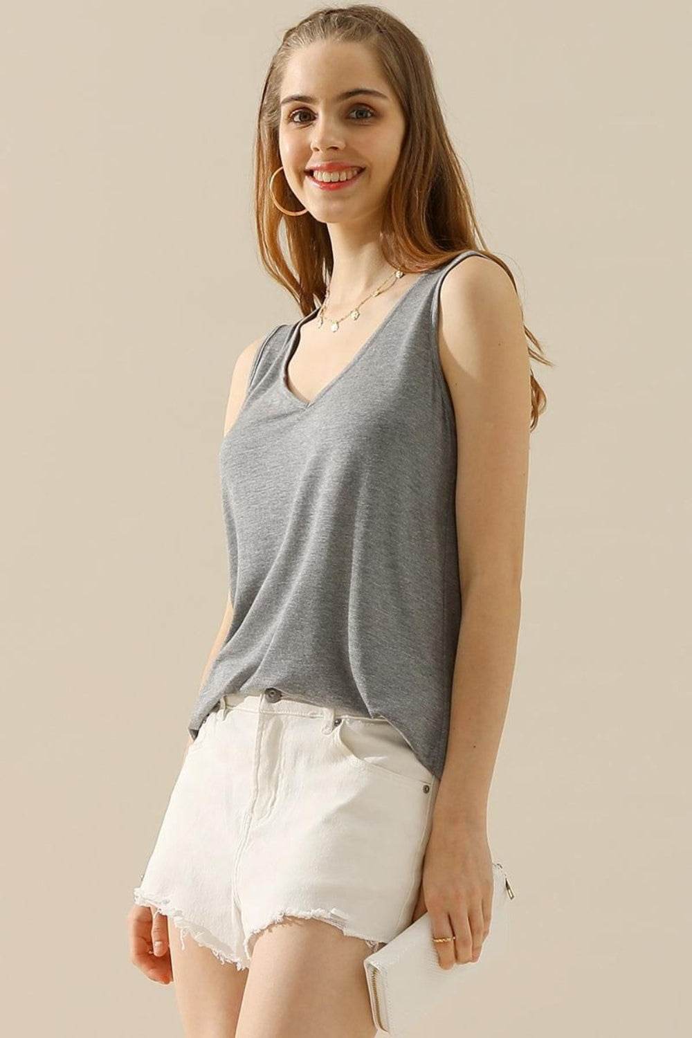 Ninexis Full Size V-Neck Curved Hem Tank - DaTrendStore.Com