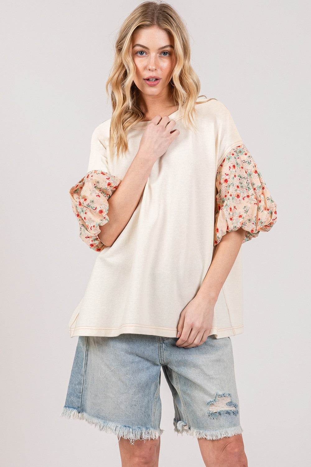 SAGE + FIG Round Neck Bubble Sleeve Oversize Top - DaTrendStore.Com