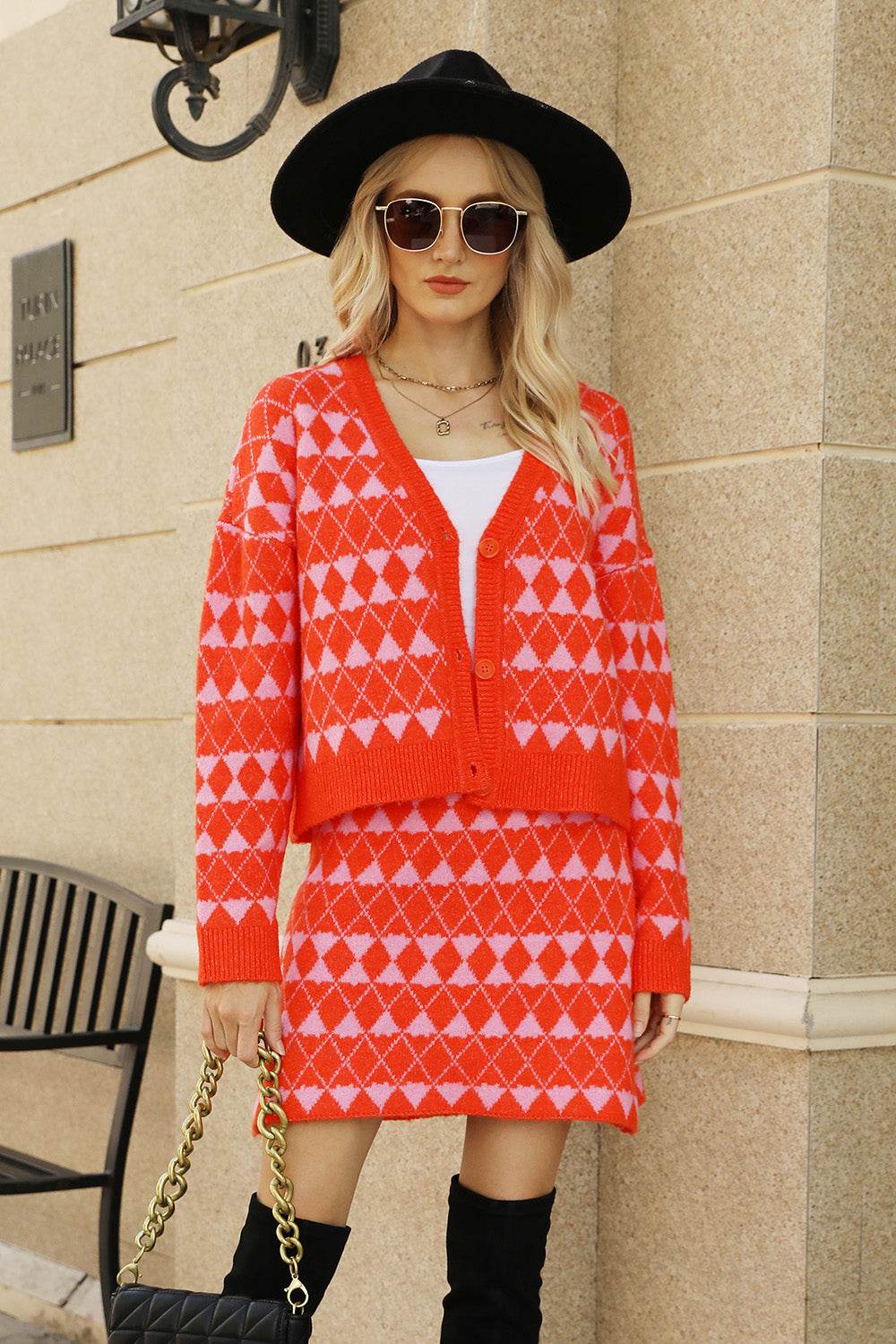 Geometric Button Front Cardigan and Skirt Set - DaTrendStore.Com