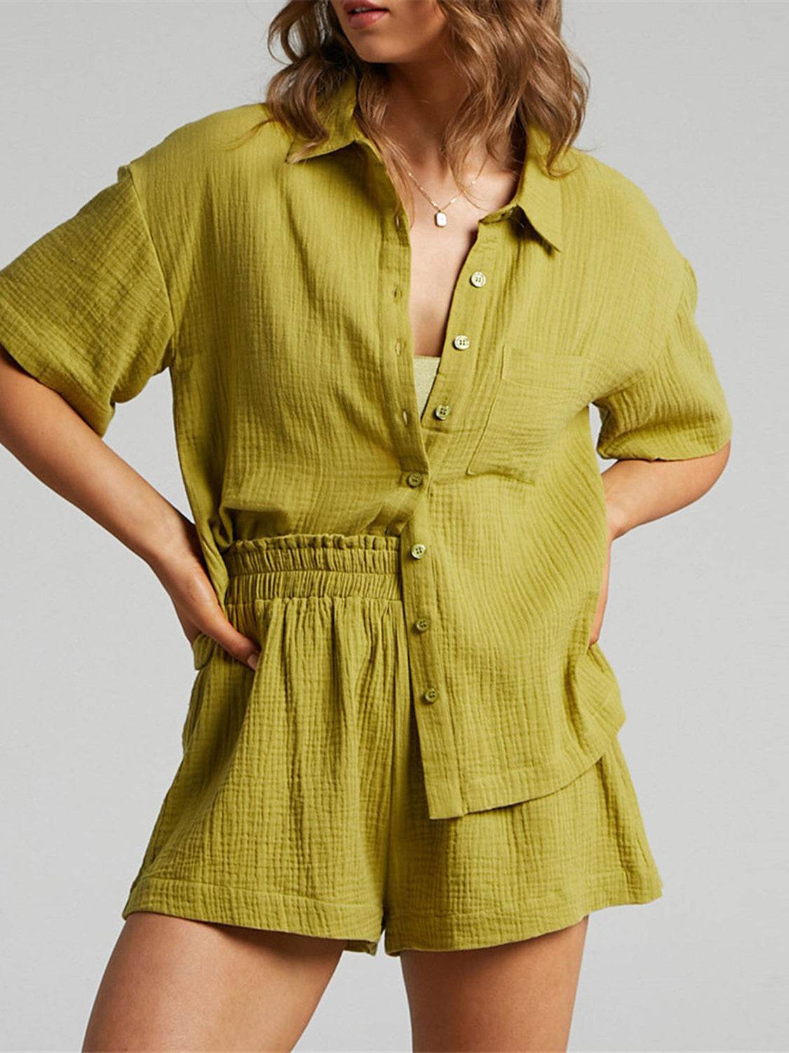 Texture Button Up Shirt and Shorts Set - DaTrendStore.Com