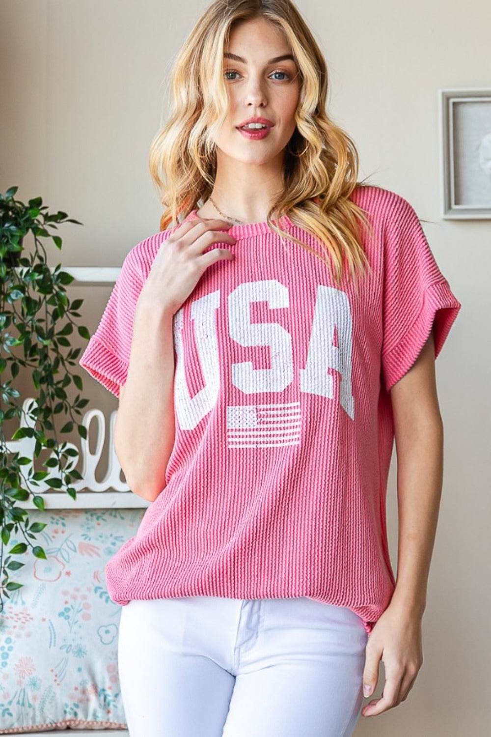 Heimish Full Size USA Graphic Short Sleeve Ribbed Top - DaTrendStore.Com