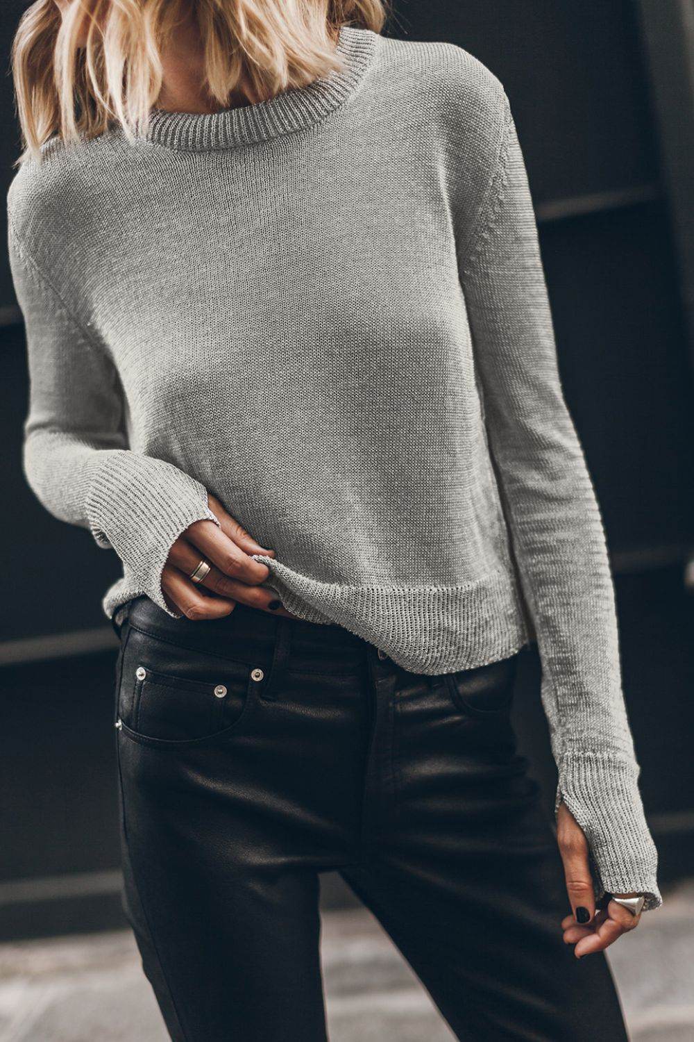 Ribbed Hem Round Neck Long Sleeve Sweater - DaTrendStore.Com