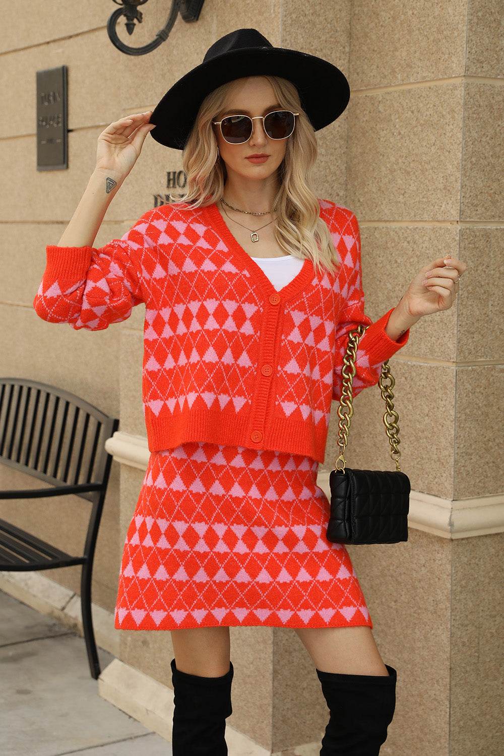 Geometric Button Front Cardigan and Skirt Set - DaTrendStore.Com