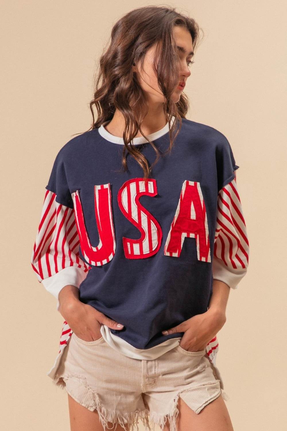 BiBi USA Letter Patchwork Contrast Short Sleeve T-Shirt - DaTrendStore.Com