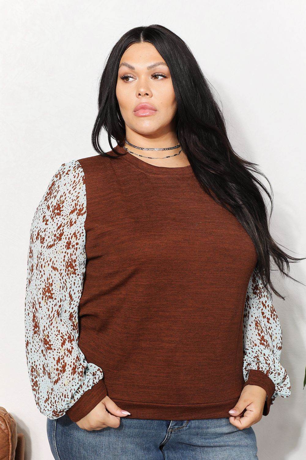 And The Why Full Size Foil Printed Sleeve Top - DaTrendStore.Com