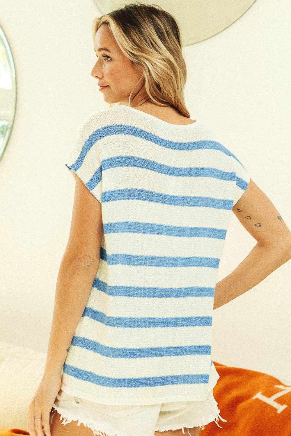 BiBi Striped Round Neck Short Sleeve Knit Top - DaTrendStore.Com