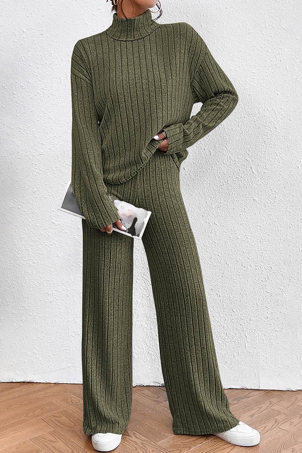 Ribbed Mock Neck Top and Pants Set - DaTrendStore.Com