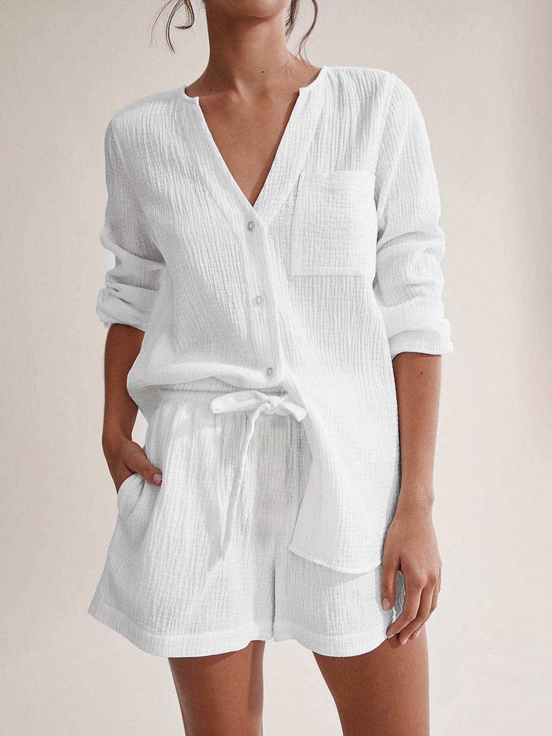 Notched Long Sleeve Top and Shorts Set - DaTrendStore.Com