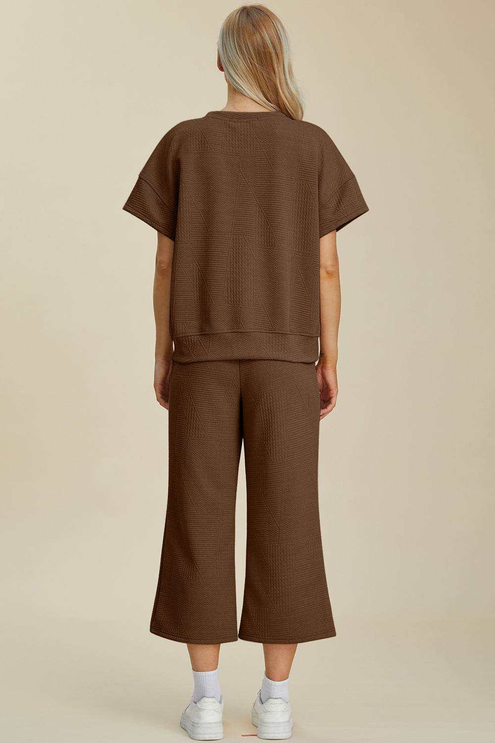 Double Take Full Size Texture Round Neck Top and Pants Set - DaTrendStore.Com