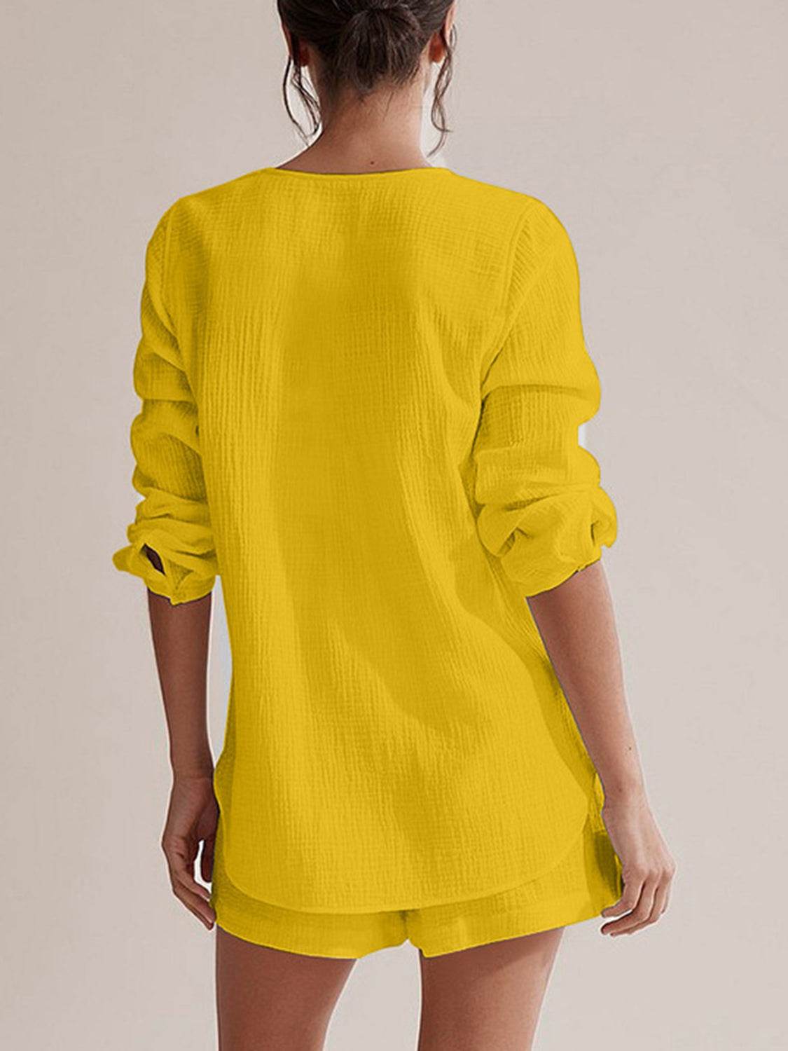 Notched Long Sleeve Top and Shorts Set - DaTrendStore.Com
