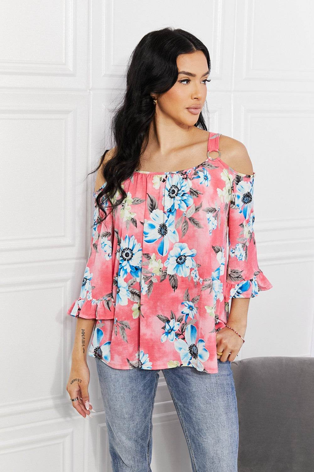Sew In Love Full Size Fresh Take Floral Cold-Shoulder Top - DaTrendStore.Com