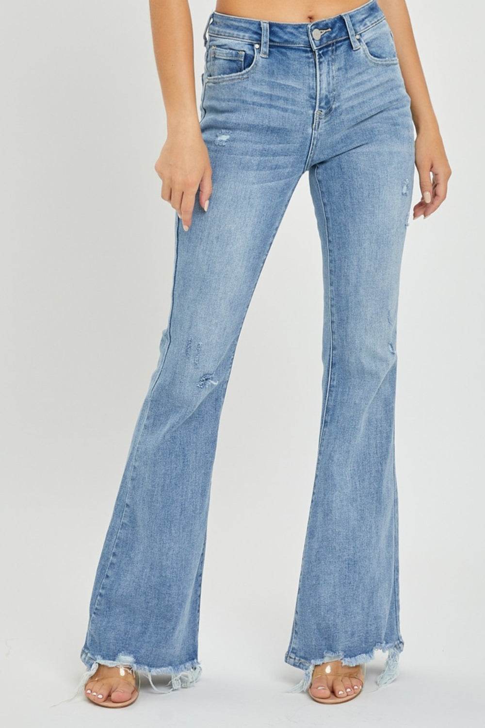 Risen Full Size High Rise Frayed Hem Flare Jeans - DaTrendStore.Com