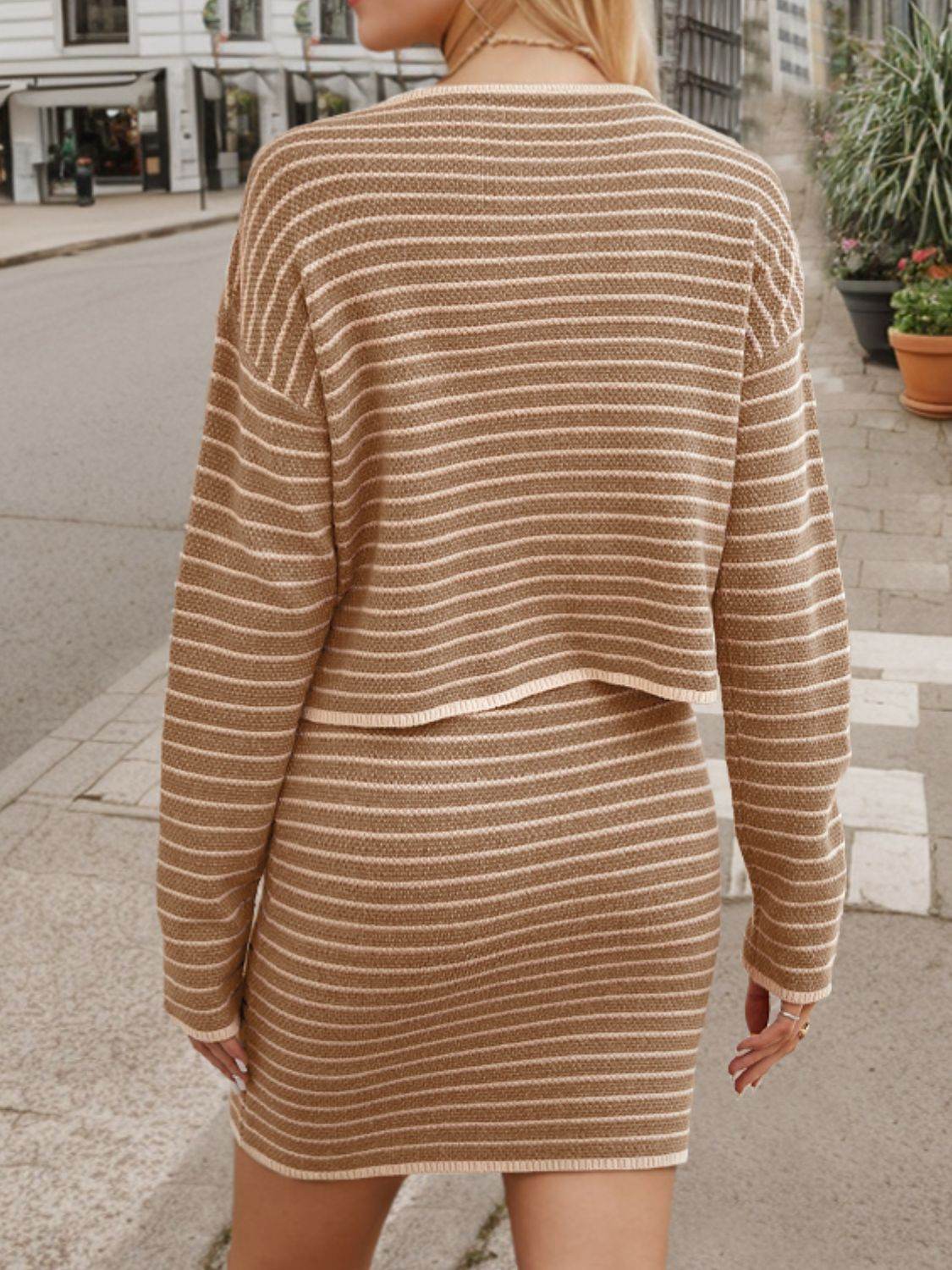 Striped Long Sleeve Top and Skirt Set - DaTrendStore.Com