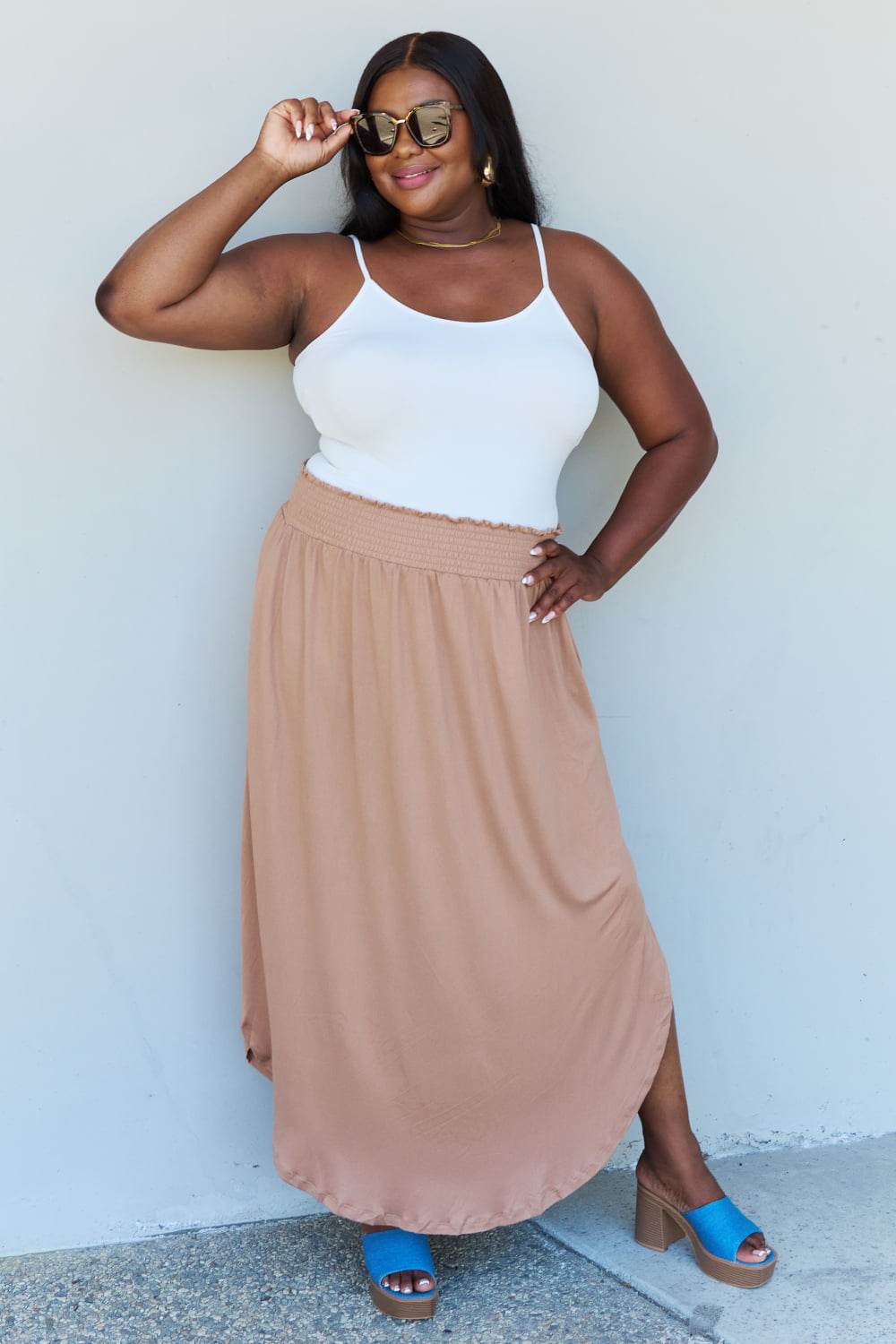 Doublju Comfort Princess Full Size High Waist Scoop Hem Maxi Skirt in Tan - DaTrendStore.Com